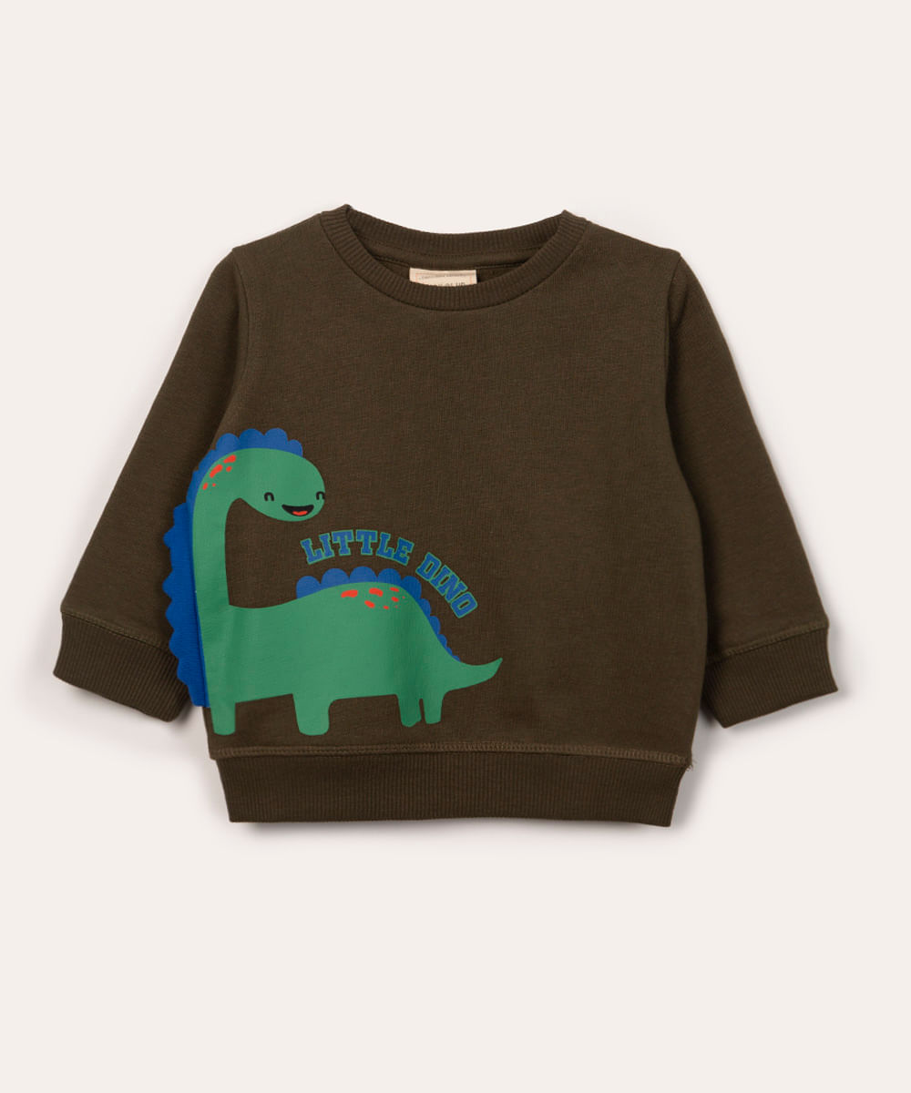 blusão infantil de moletom dinossauro verde militar