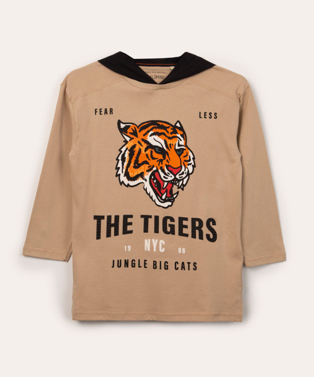 camiseta infantil de algodão com capuz tigre bege