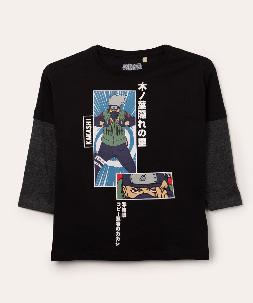 camiseta infantil de algodão manga longa naruto preta