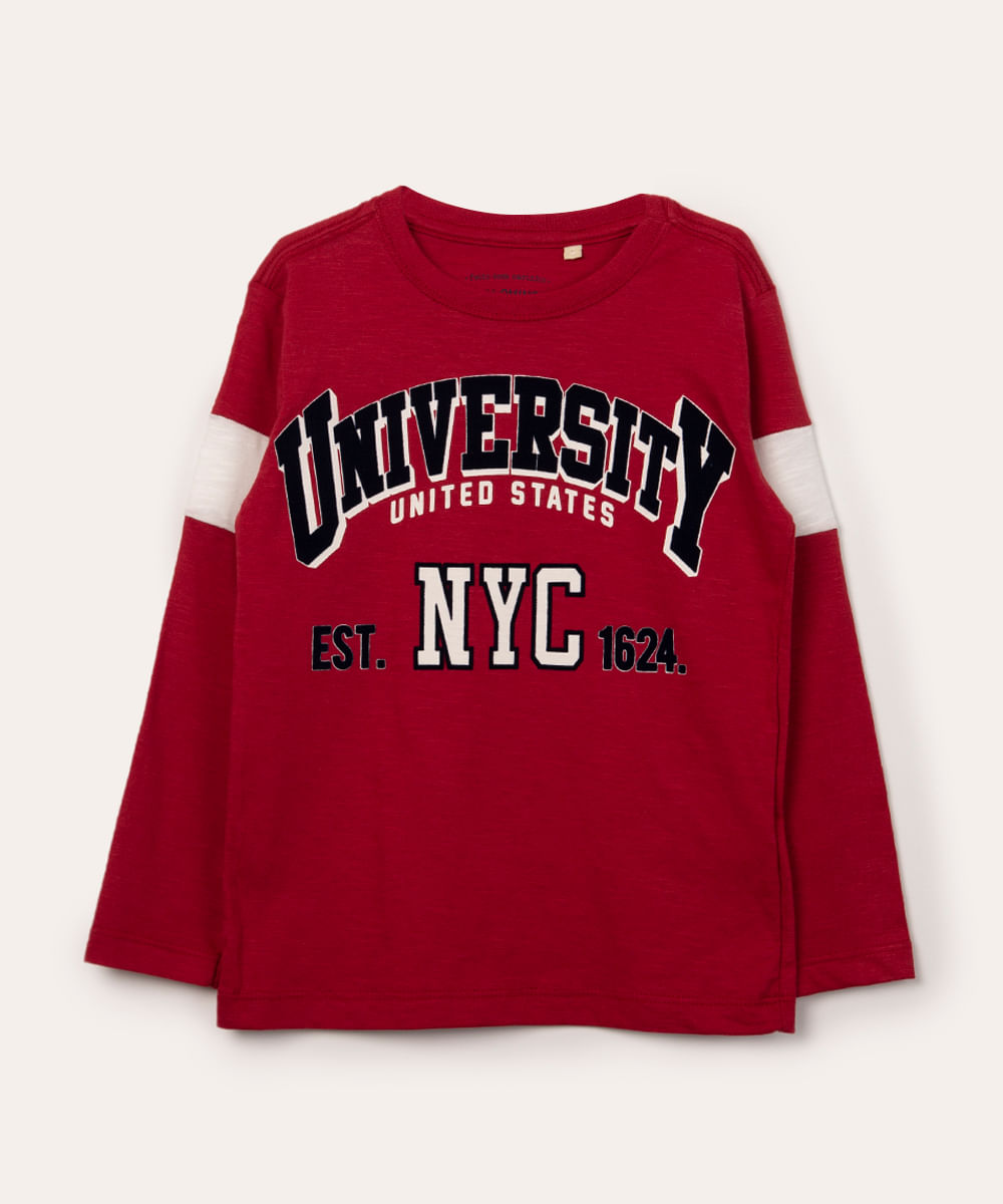 camiseta infantil de algodão manga longa estampa college vermelha