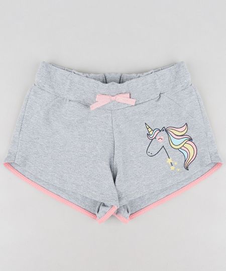 Short Infantil com Estampa de Unicórnio e Laço Cinza Mescla Menor preço em Short Infantil com Estampa de Unicórnio e Laço Cinza Mescla