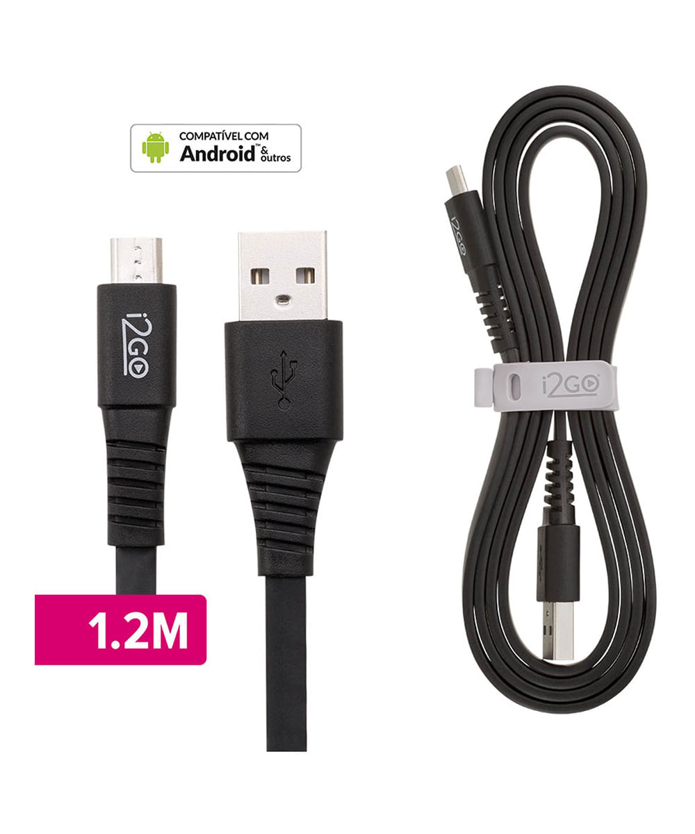 cabo micro usb 1,2m 2,4a pvc flexível flat i2go preto