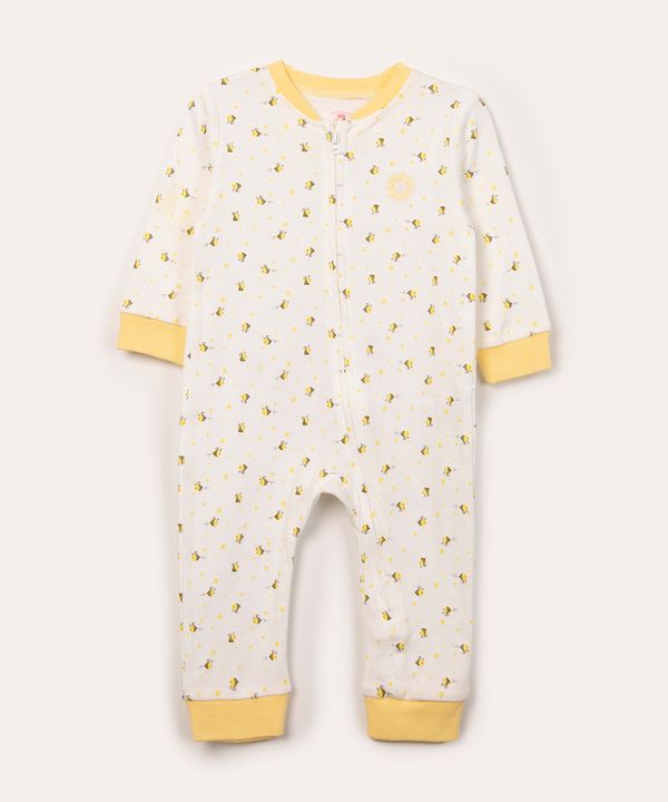 macacão infantil de algodão manga longa abelhinhas off white 0-3