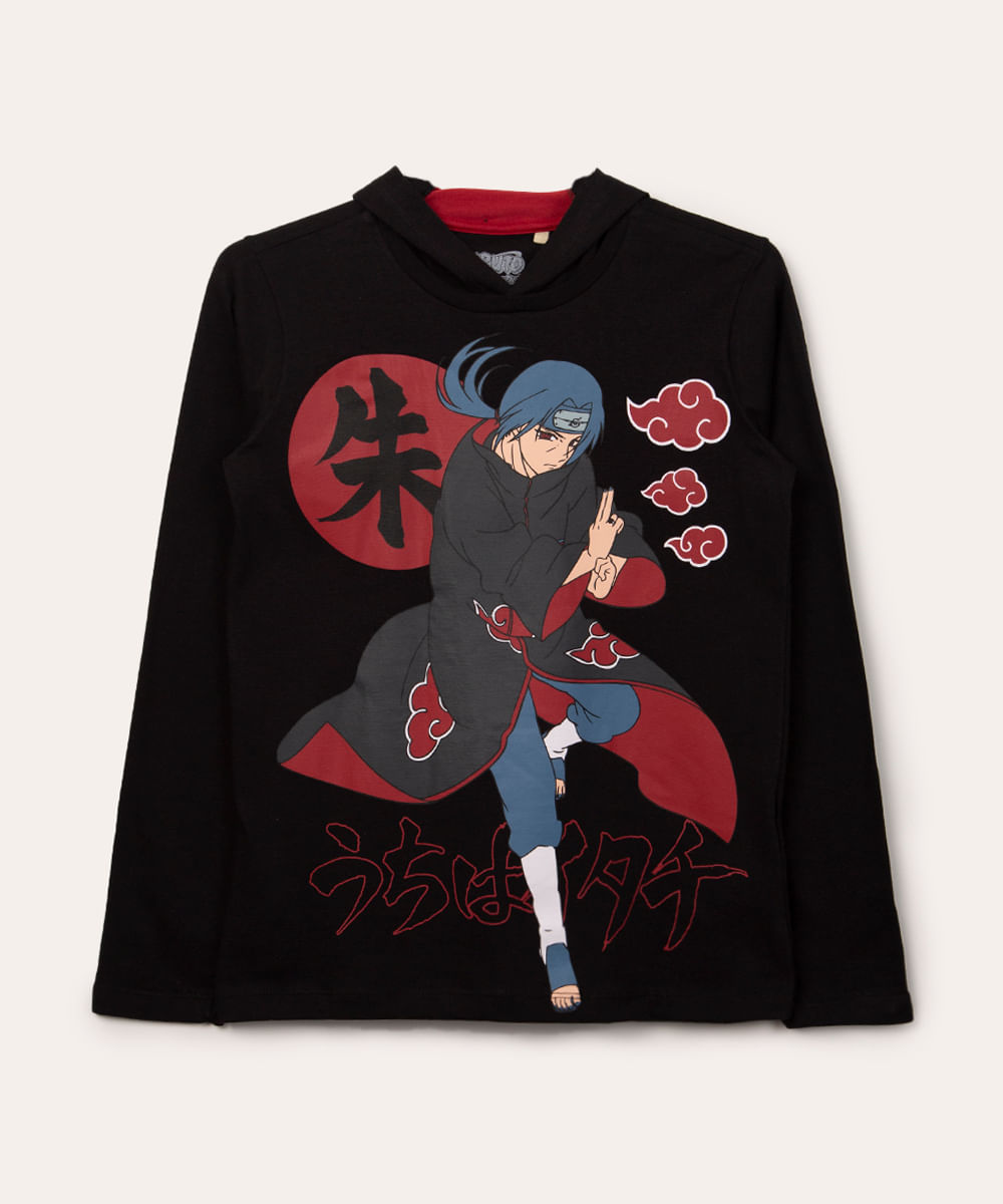 camiseta juvenil de algodão akatsuki com capuz preta