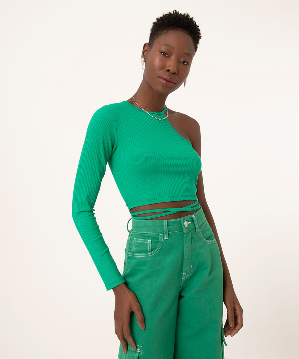 blusa cropped assimétrica com amarração verde