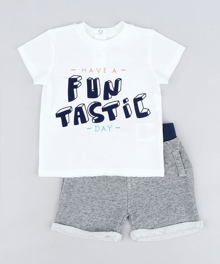 Conjunto Infantil de Camiseta "Funtastic" Manga Curta Off White + Bermuda Listrada em Moletom Cinza Mescla Escuro Menor preço em Conjunto Infantil de Camiseta "Funtastic" Manga Curta Off White + Bermuda Listrada em Moletom Cinza Mescla Escuro