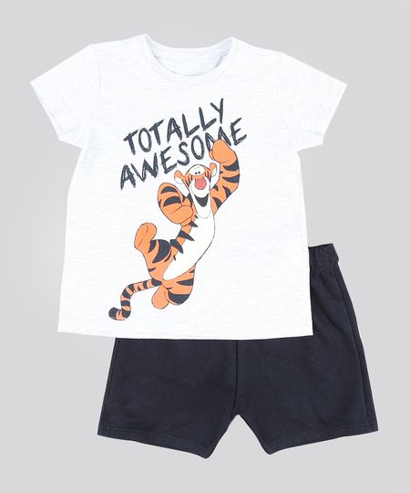 Conjunto Infantil de Camiseta Tigrão Manga Curta Cinza Mescla Claro + Bermuda em Moletom Preta Menor preço em Conjunto Infantil de Camiseta Tigrão Manga Curta Cinza Mescla Claro + Bermuda em Moletom Preta