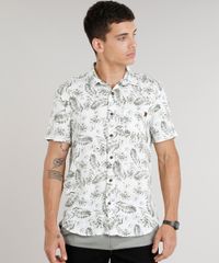 Camisa-Masculina-Estampada-de-Folhagens-com-Bolso-Manga-Curta-em-Linho-Branca-9334905-Branco_1