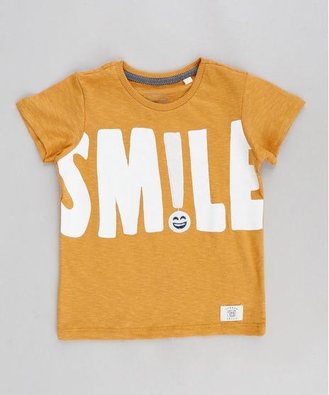 Camiseta-Infantil--Smile--com-Pelo-Manga-Curta-Gola-Careca-Mostarda-9302525-Mostarda_1