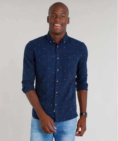 Camisa-Masculina-Slim-Estampada-Mini-Print-de-Folhas-com-Bolso-Manga-Longa-Azul-Marinho-9100384-Azul_Marinho_1