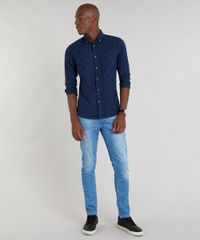 Camisa-Masculina-Slim-Estampada-Mini-Print-de-Folhas-com-Bolso-Manga-Longa-Azul-Marinho-9100384-Azul_Marinho_3