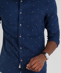 Camisa-Masculina-Slim-Estampada-Mini-Print-de-Folhas-com-Bolso-Manga-Longa-Azul-Marinho-9100384-Azul_Marinho_4