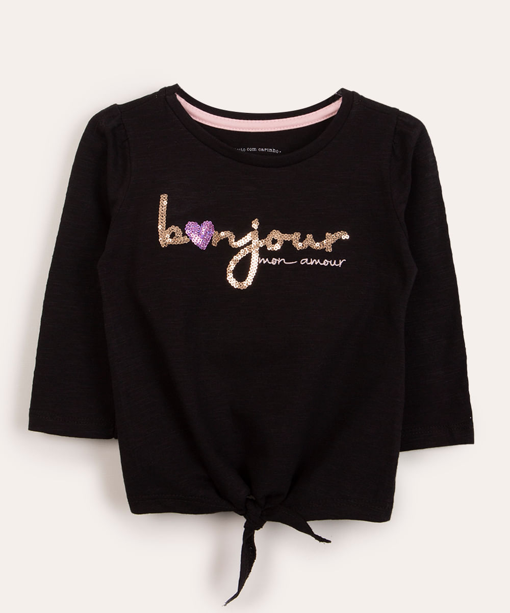 blusa infantil manga longa com nó bonjour preta