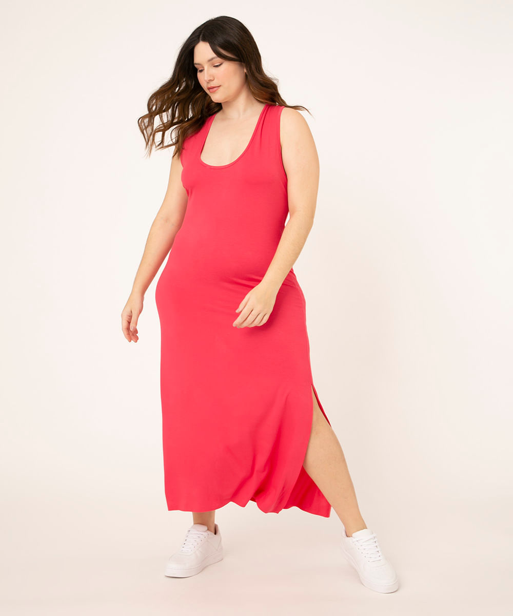 Vestido Feminino Plus Size Básico Midi com Fenda Decote Nadador Rosa