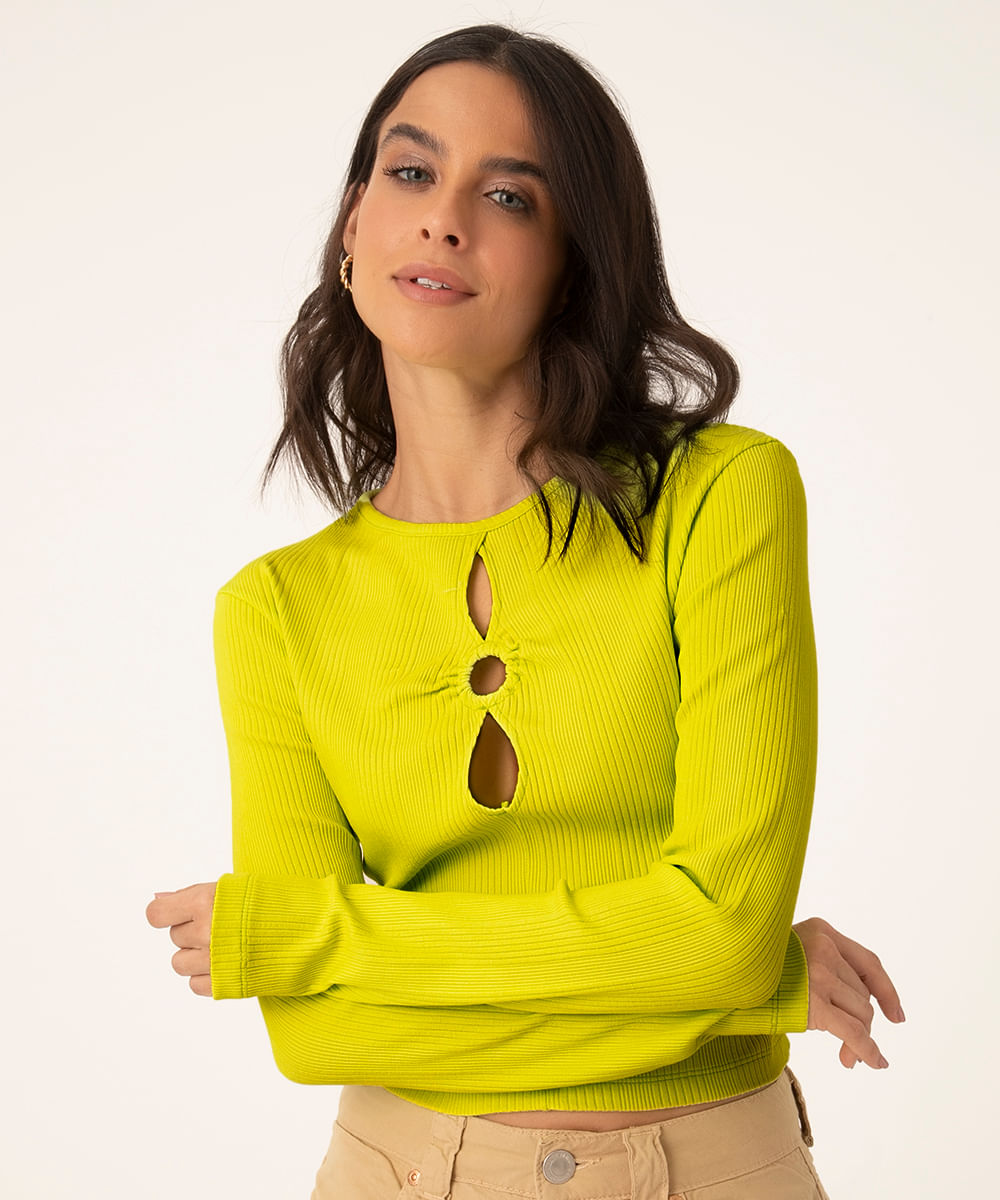 blusa canelada manga longa cut out verde lima