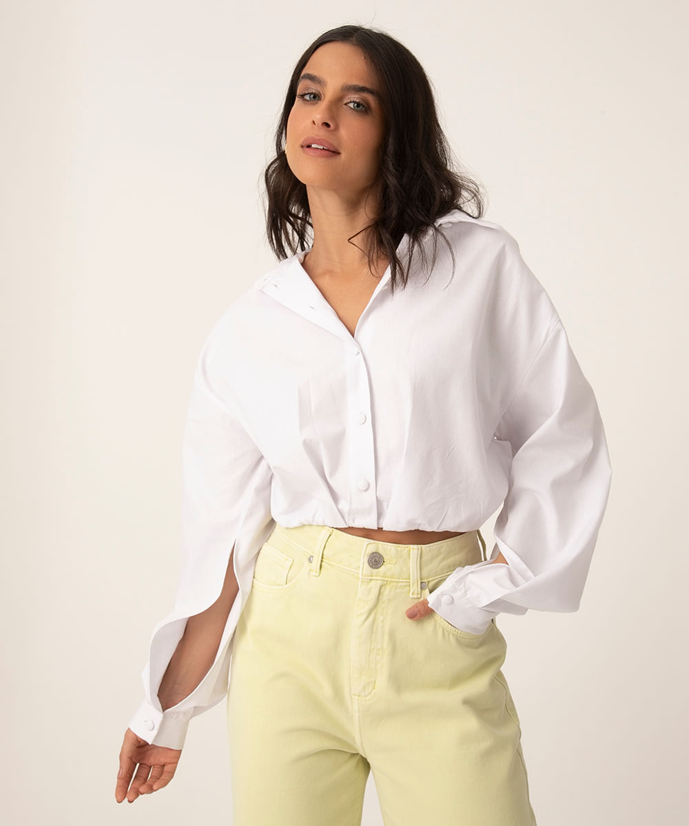 camisa cropped de tricoline manga longa off white