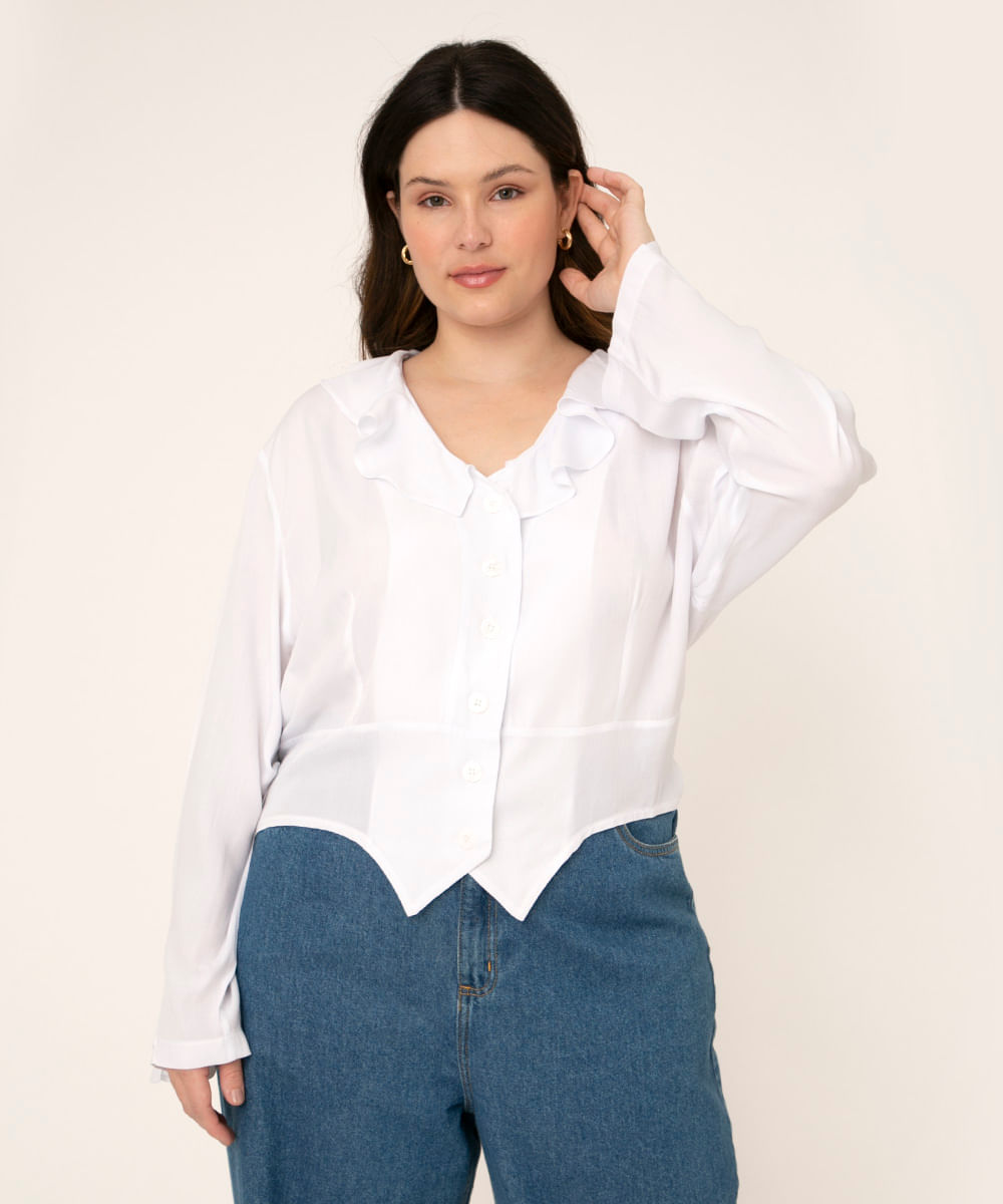 camisa plus size de viscose com babados mindset off white