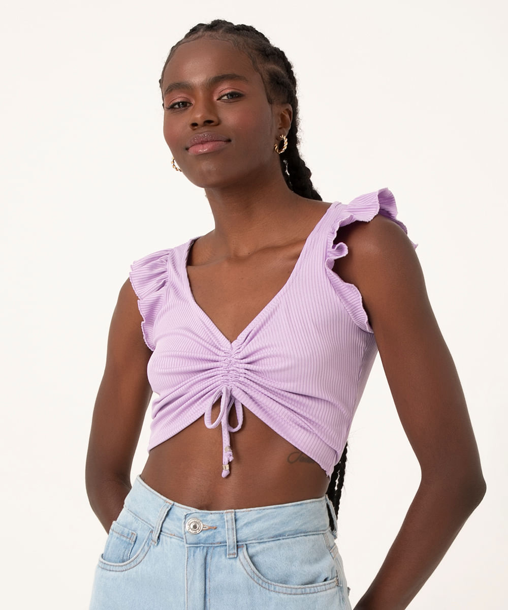 blusa cropped canelada com amarração e babado lilás