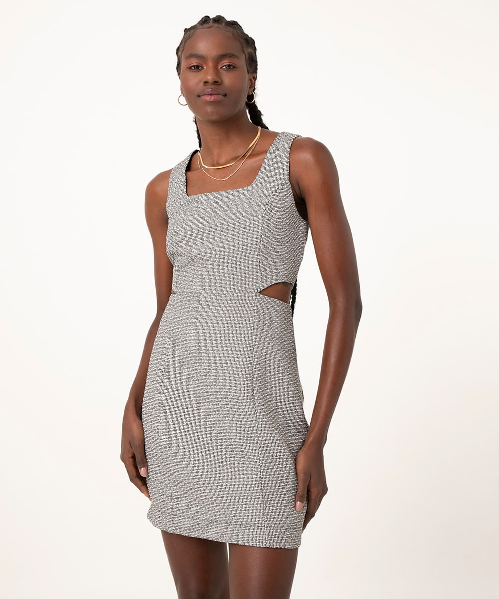 vestido curto de tweed com recortes off white