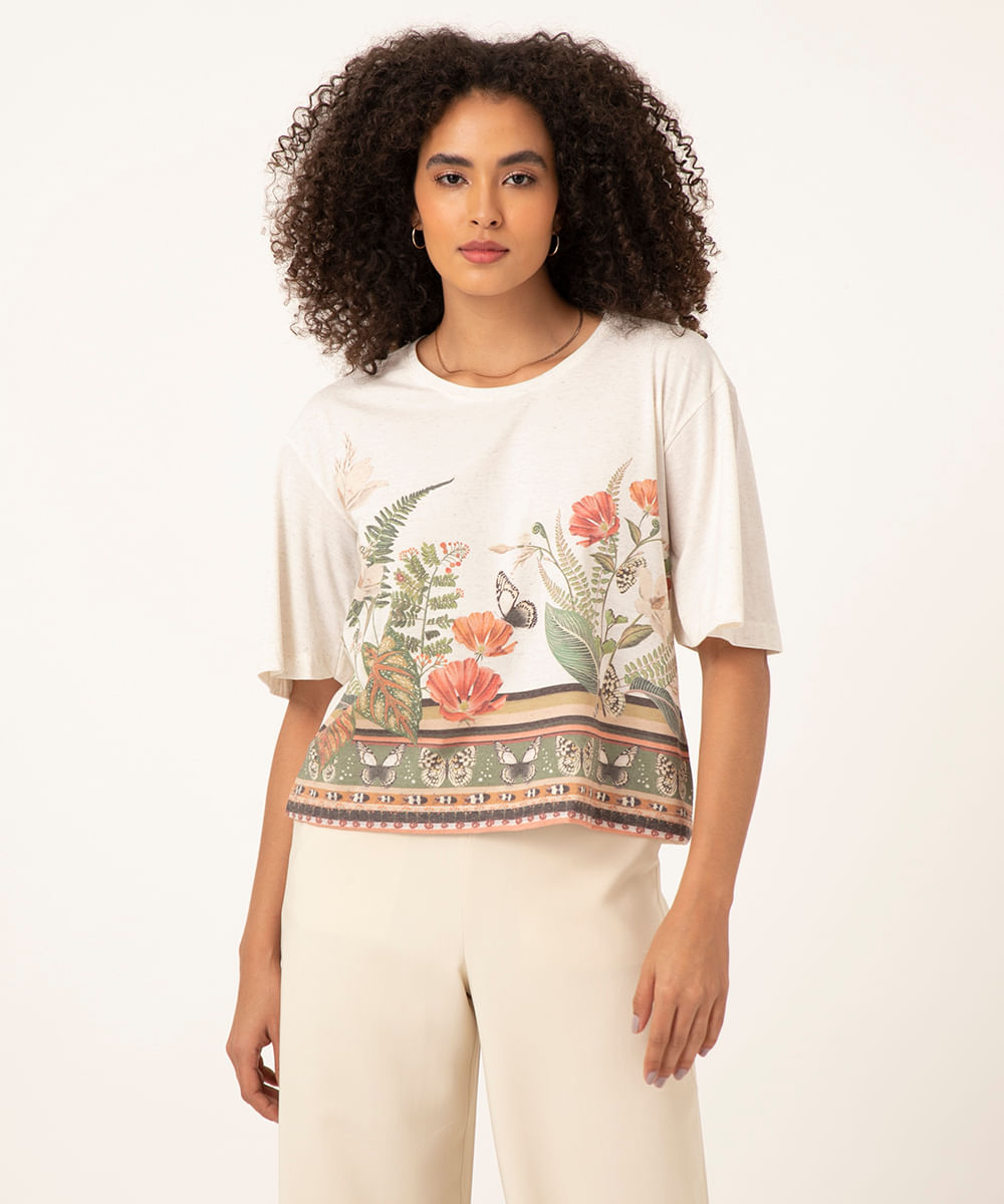 camiseta manga curta floral off white