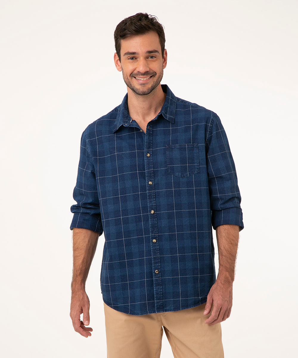 camisa comfort xadrez manga longa azul marinho