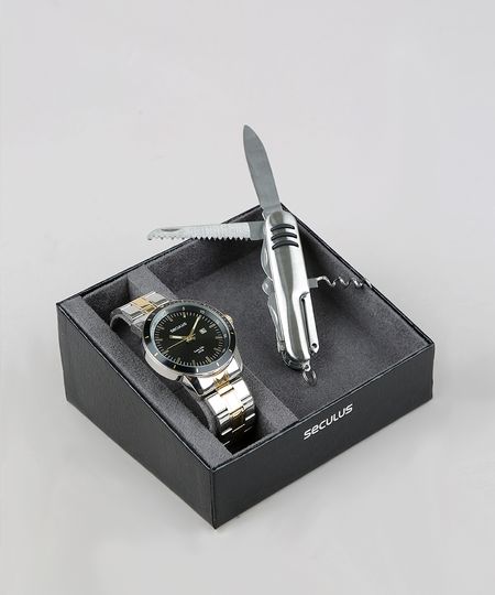 Kit-de-Relogio-Analogico-Seculus-Masculino---Canivete---28964GPSVBA1K-Prateado-9364358-Prateado_1