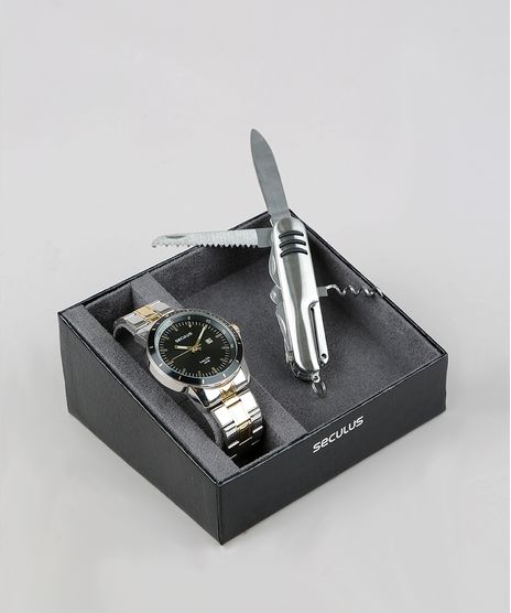 Kit-de-Relogio-Analogico-Seculus-Masculino---Canivete---28964GPSVBA1K-Prateado-9364358-Prateado_1