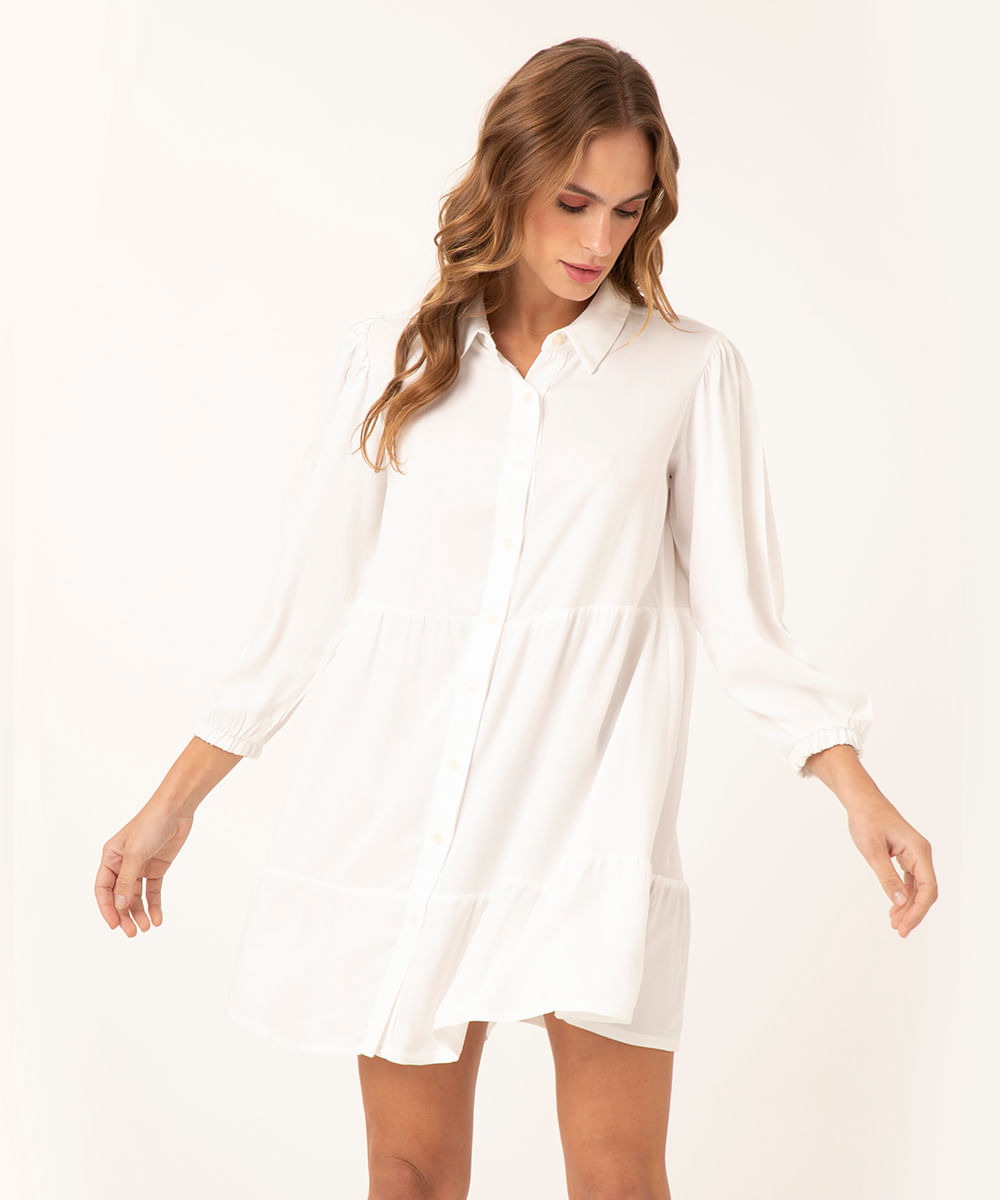 vestido chemise curto de viscose com recortes manga bufante off white