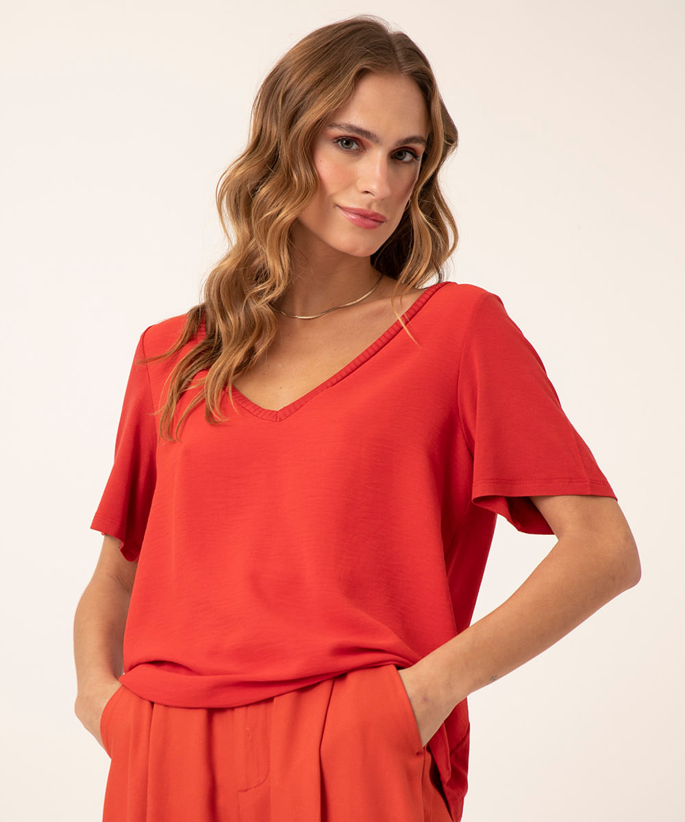 blusa manga curta decote v vermelho