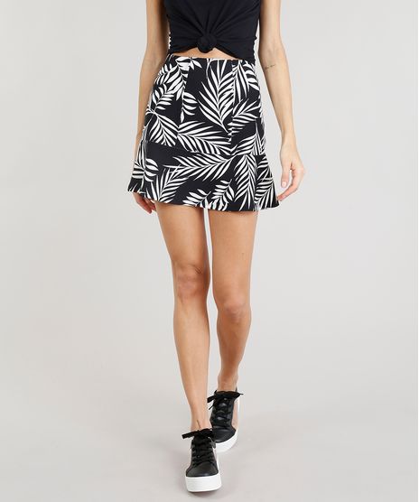 Saia-Feminina-Curta-Estampada-de-Folhagens-com-Recortes-Preta-9301949-Preto_1