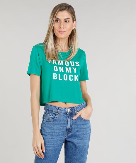 Blusa-Feminina-Ampla--Famous-On-My-Block--Manga-Curta-Decote-Redondo-Verde-9311098-Verde_1