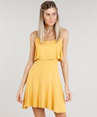 Vestido-Feminino-Curto-Evase-com-Sobreposicao-Alcas-Finas-Decote-Redondo-Mostarda-9299017-Mostarda_1