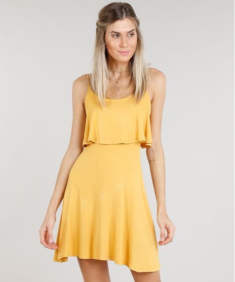 Vestido-Feminino-Curto-Evase-com-Sobreposicao-Alcas-Finas-Decote-Redondo-Mostarda-9299017-Mostarda_1