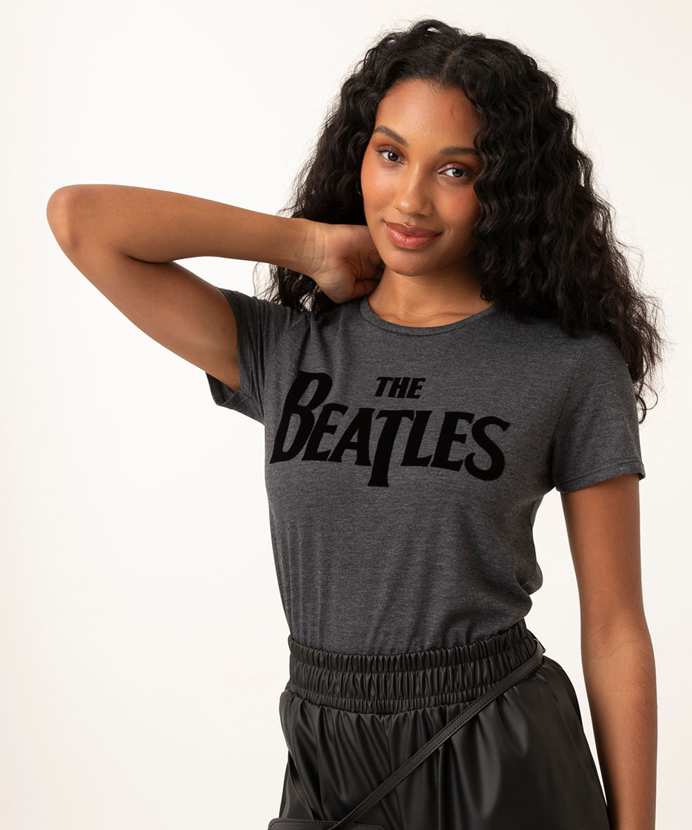 camiseta feminina manga curta the beatles cinza