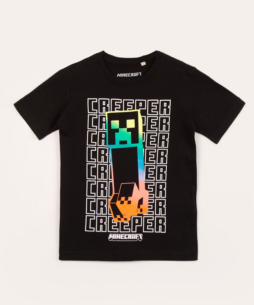 camiseta infantil de algodão minecraft preta