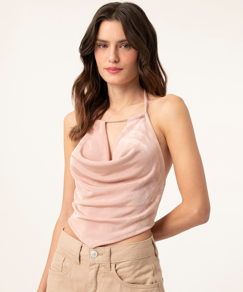 blusa halter degagê com strass rosa