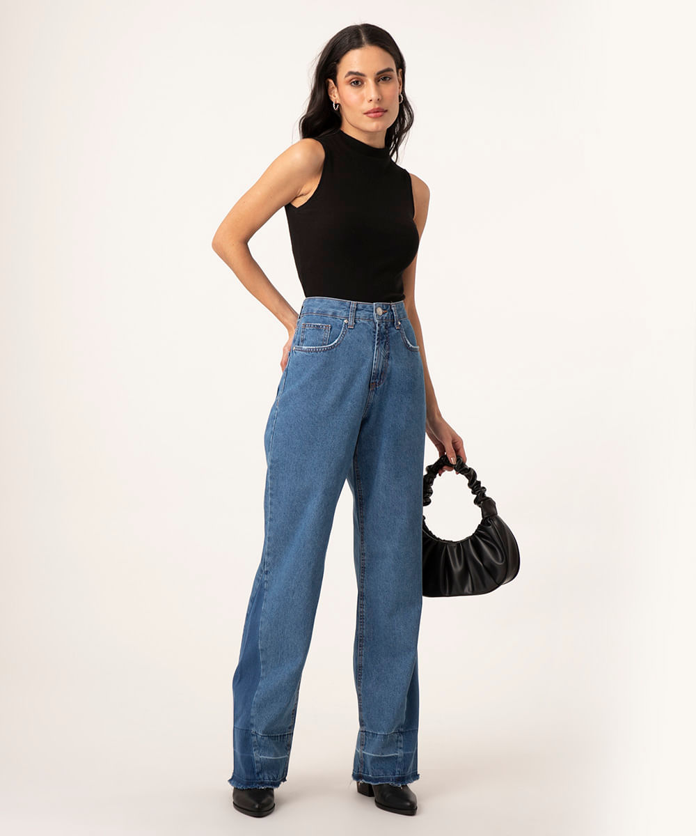 calça wide leg jeans cintura super alta azul médio