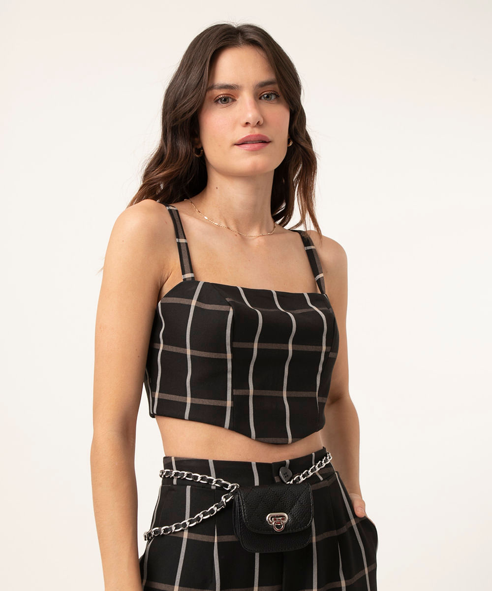 top cropped corset xadrez preto