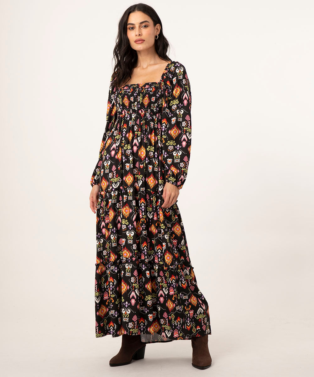 vestido longo de viscose paisley manga bufante preto