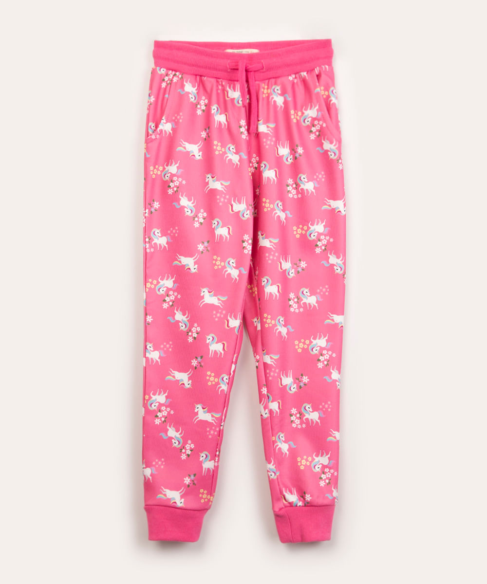 calça infantil de moletom felpada unicórnios pink