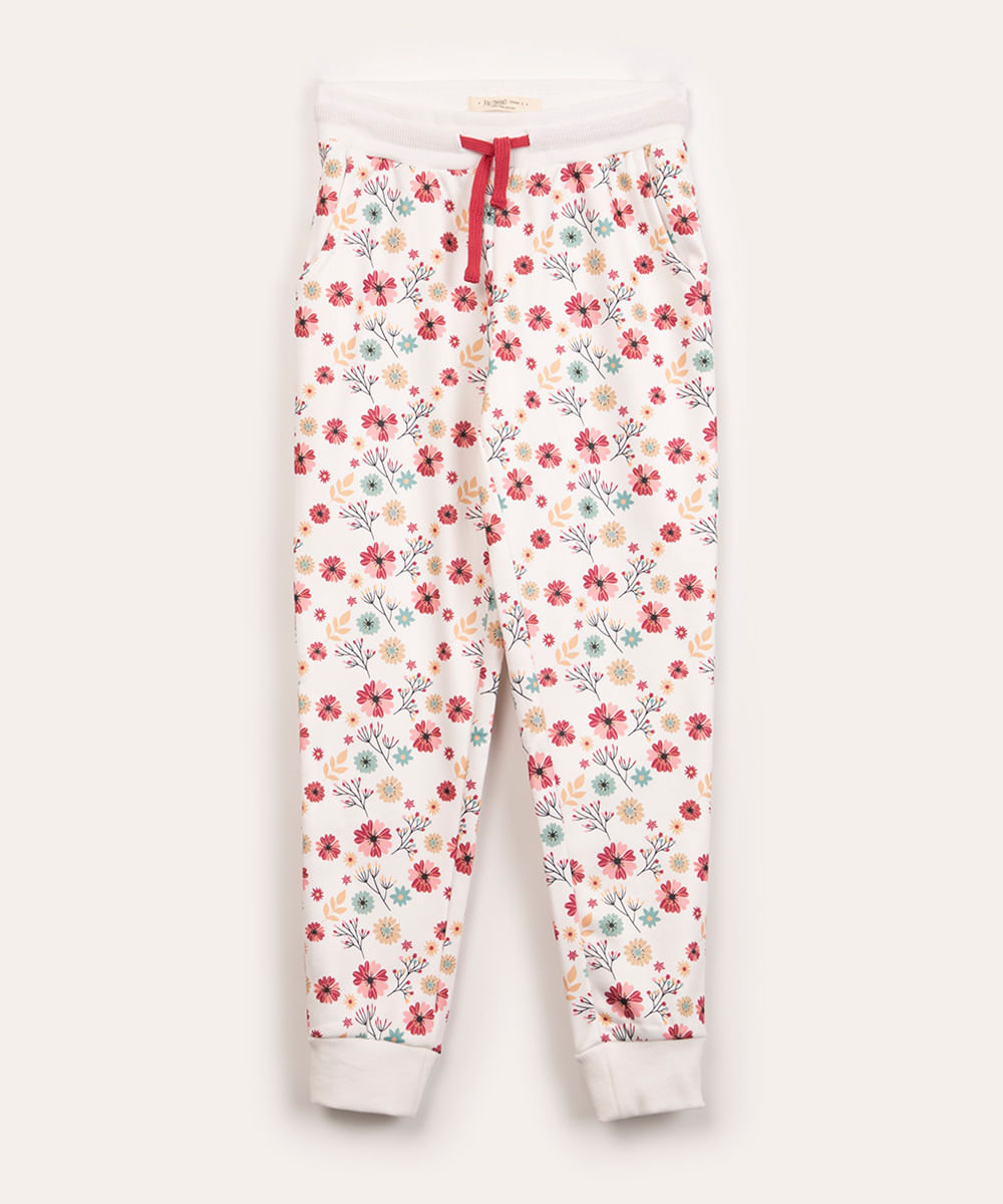 calça infantil de moletom felpada floral off white