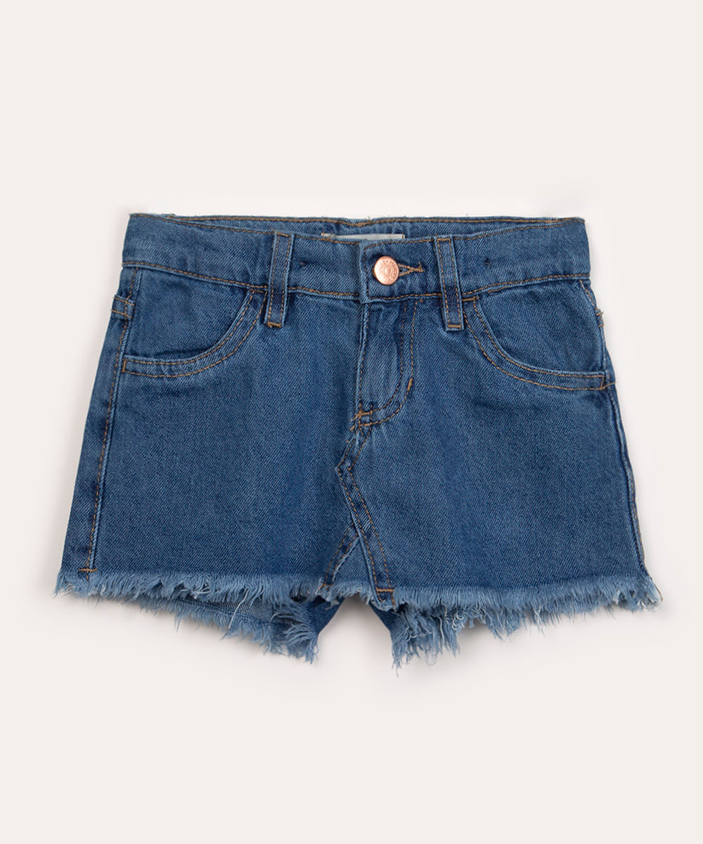 short saia jeans infantil barra desfiada azul médio