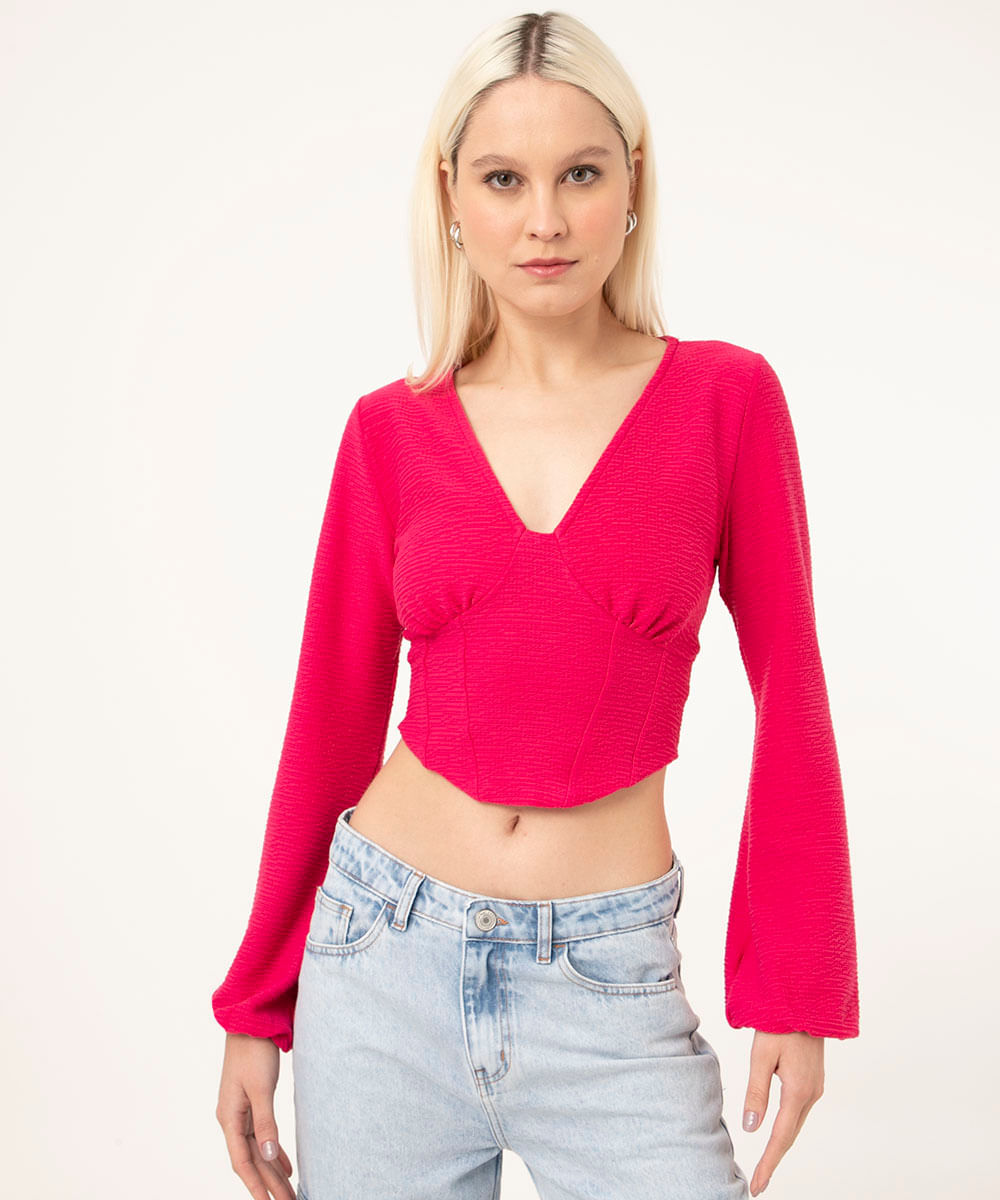 blusa cropped corset manga bufante pink