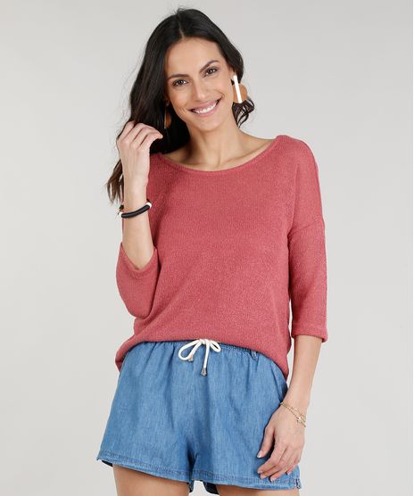 Blusa-Feminina-em-Trico-com-Sobreposicao-Manga-Longa-Decote-Redondo-Rosa-Escuro-9226864-Rosa_Escuro_1