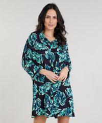 Chemise-Feminina-Ampla-Estampada-de-Folhas-Manga-Curta--Preta-9234593-Preto_1