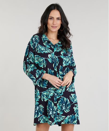 Chemise-Feminina-Ampla-Estampada-de-Folhas-Manga-Curta--Preta-9234593-Preto_1