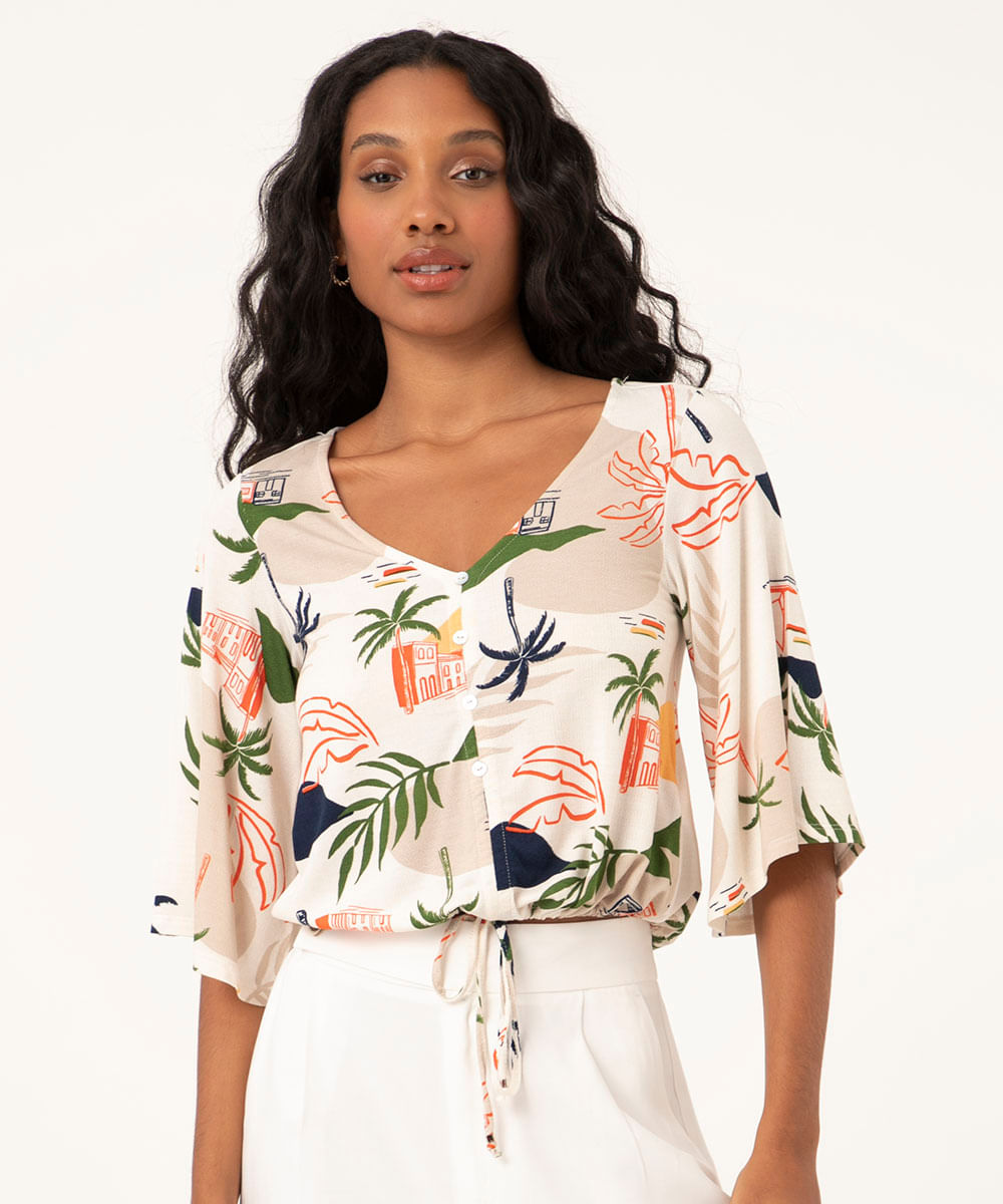 blusa com amarração coqueiros manga curta ampla decote v off white