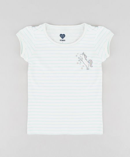 Blusa Infantil Listrada com Estampa de Unicórnio Manga Curta Decote Redondo Off White Menor preço em Blusa Infantil Listrada com Estampa de Unicórnio Manga Curta Decote Redondo Off White