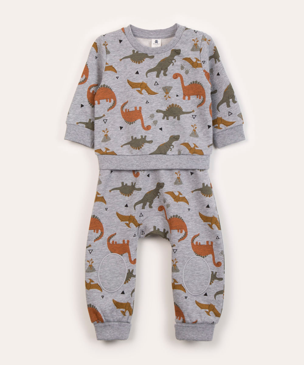 conjunto infantil de moletom longo dinossauros cinza mescla