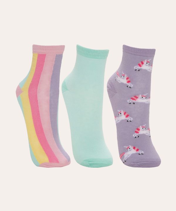 kit 3 pares de meias infantis cano baixo unicórnios multicor 34-37